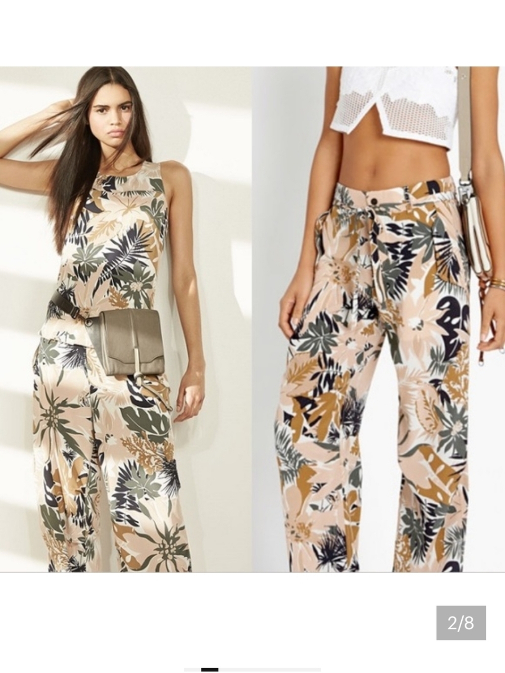 rag & bone Beige Pink Tropical Floral Wide-Leg Silk Pants